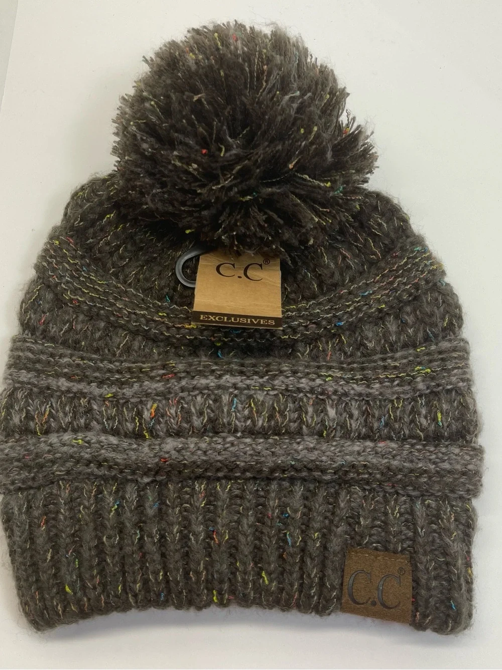 C.C Confetti Knit Beanie Pom Pom Brown Speckled Cuffed Winter Hat NWT YJ-817